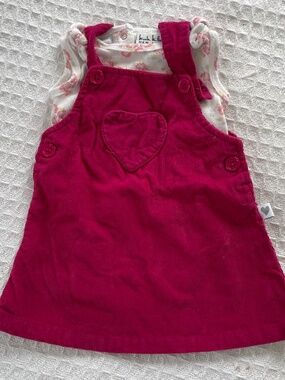 VTG Little Joy Pink Denim Dress w/Heart pocket & floral onesie - both size 6-9m